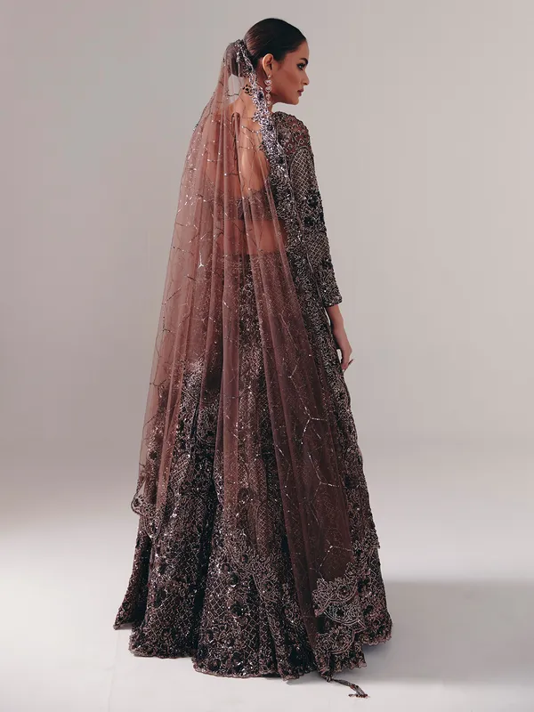 Dark brown net designer lehenga choli with dupatta