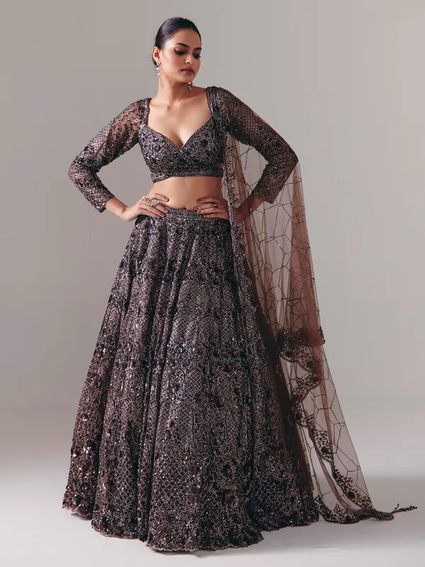 Dark brown net designer lehenga choli with dupatta