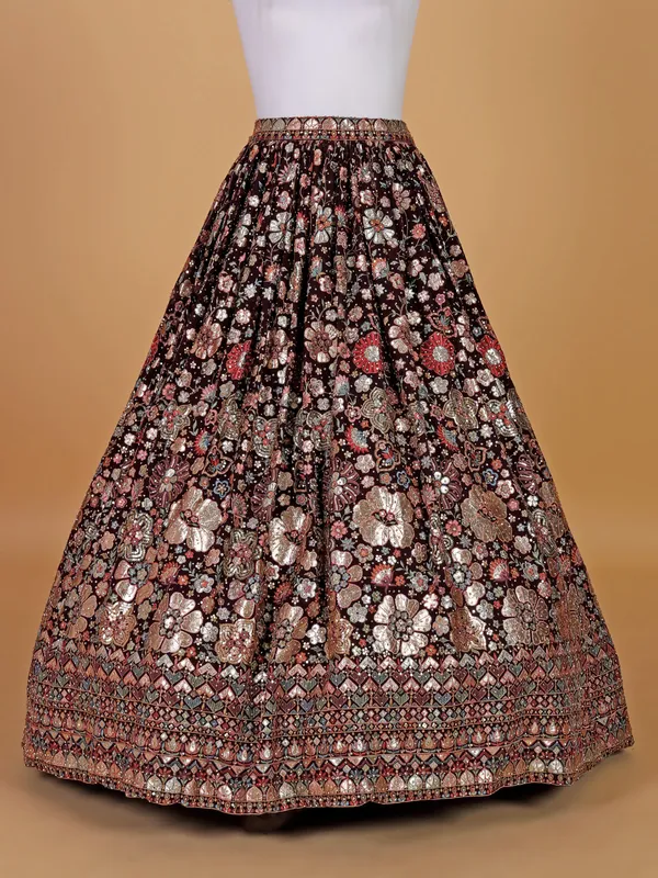 Dark brown party style georgette lehenga choli