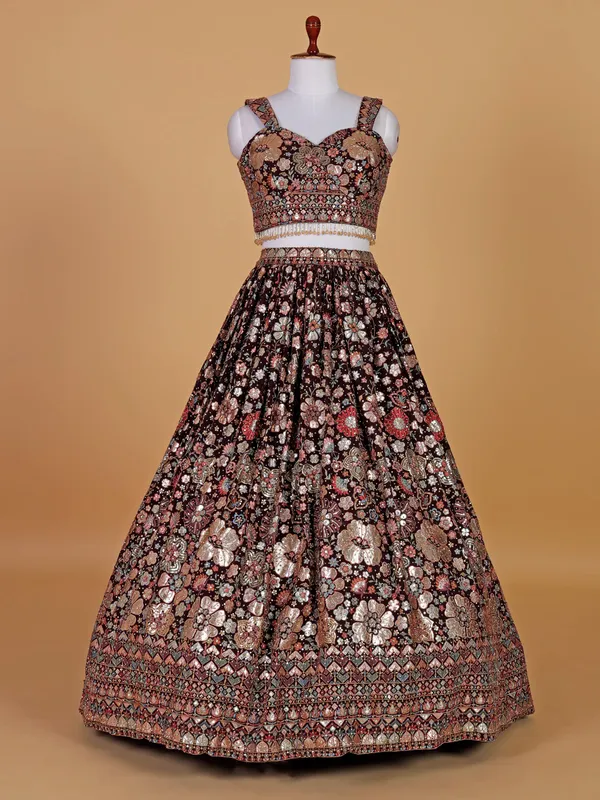 Dark brown party style georgette lehenga choli