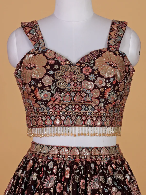 Dark brown party style georgette lehenga choli