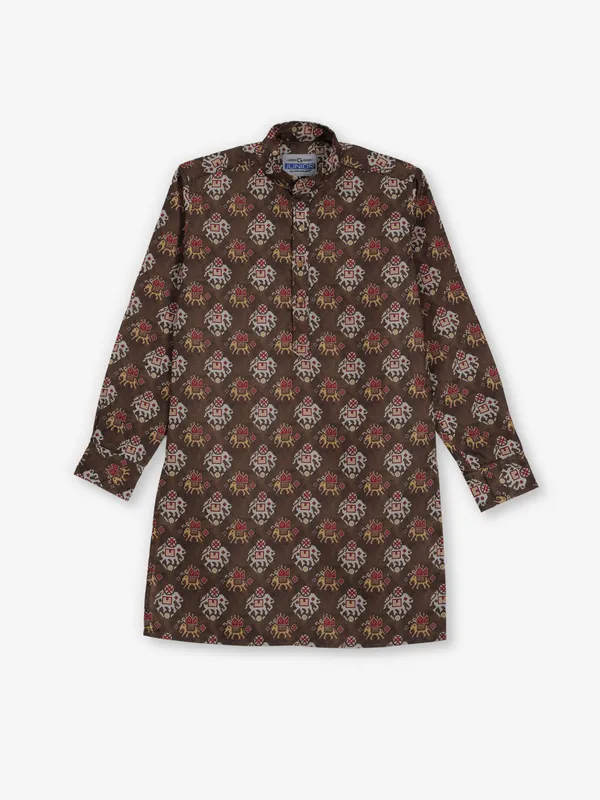 Dark brown printed cotton silk kurta