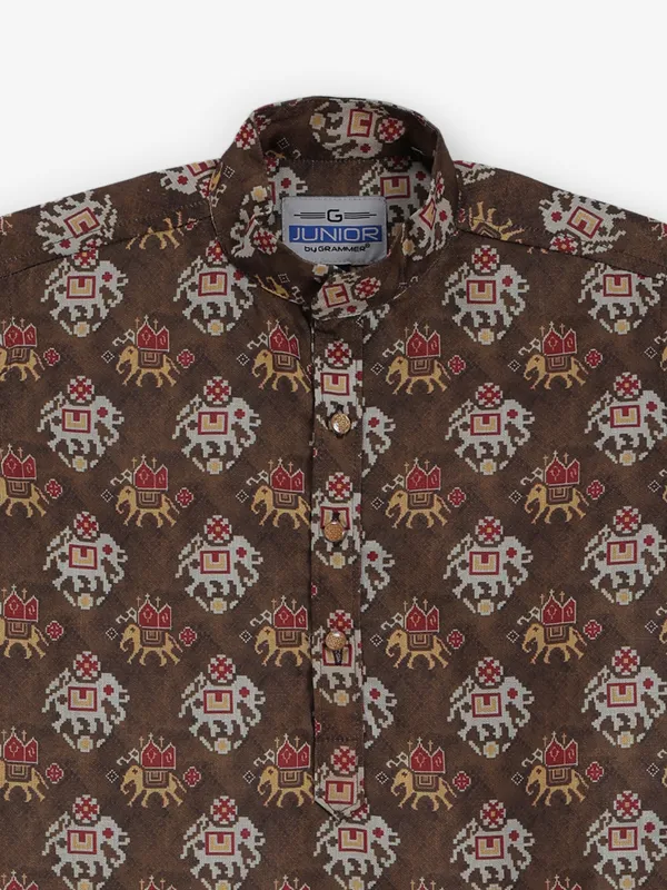 Dark brown printed cotton silk kurta