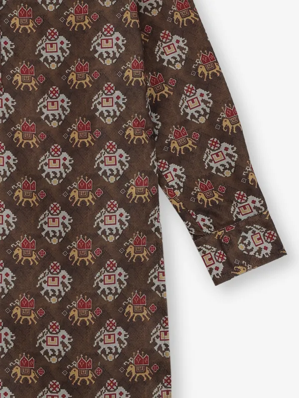 Dark brown printed cotton silk kurta