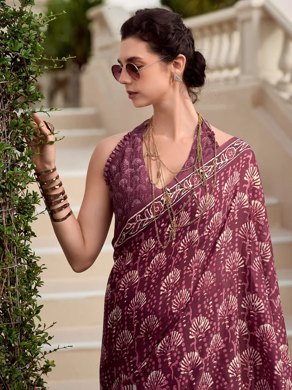 Dark brown printed malmal silk saree