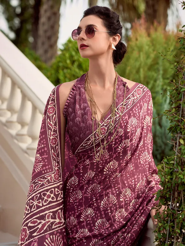 Dark brown printed malmal silk saree