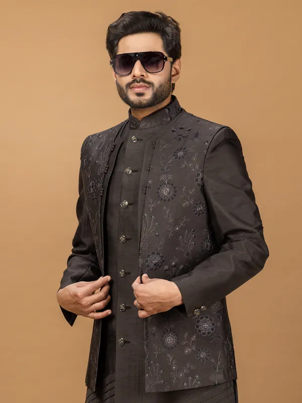 Dark brown silk indowestern