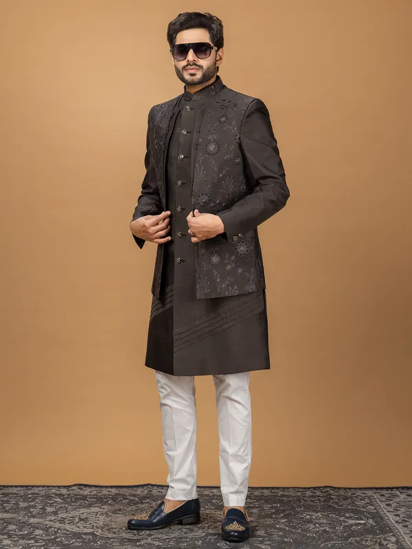Dark brown silk indowestern
