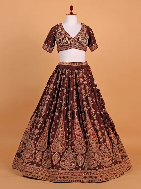 Dark brown silk lehenga choli for women