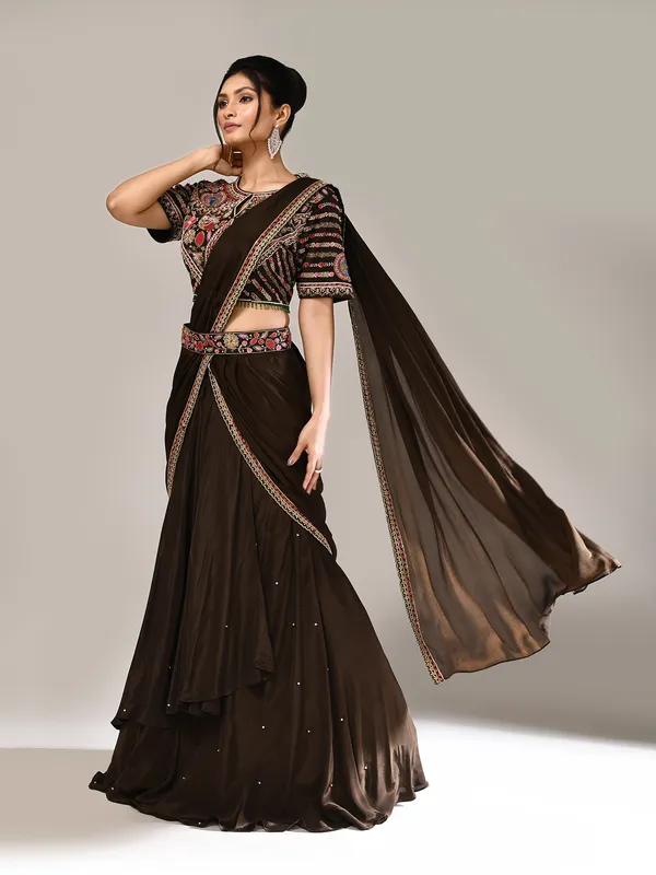 Dark brown silk lehenga choli with attached dupatta