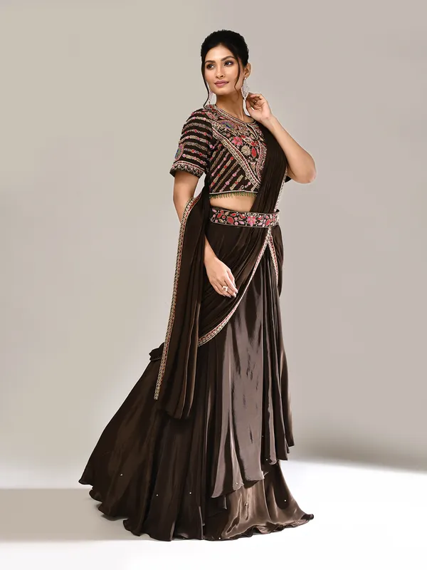 Dark brown silk lehenga choli with attached dupatta