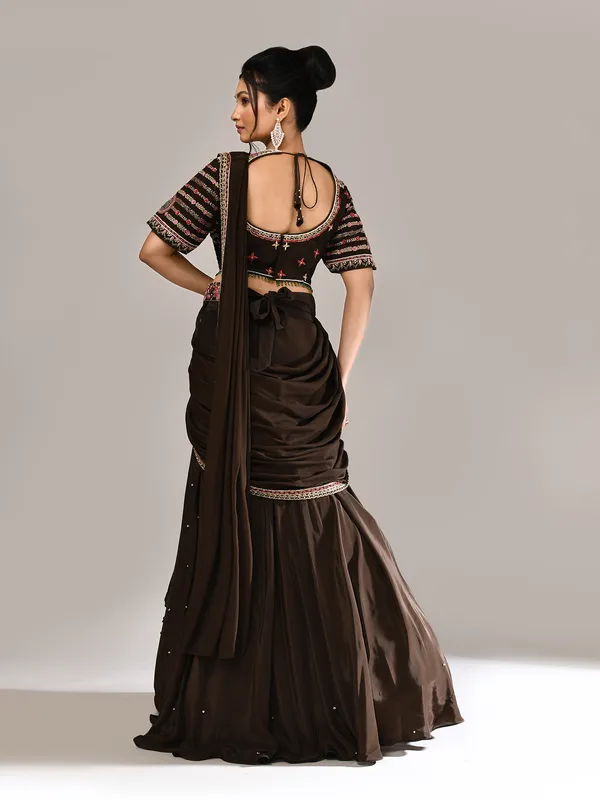 Dark brown silk lehenga choli with attached dupatta