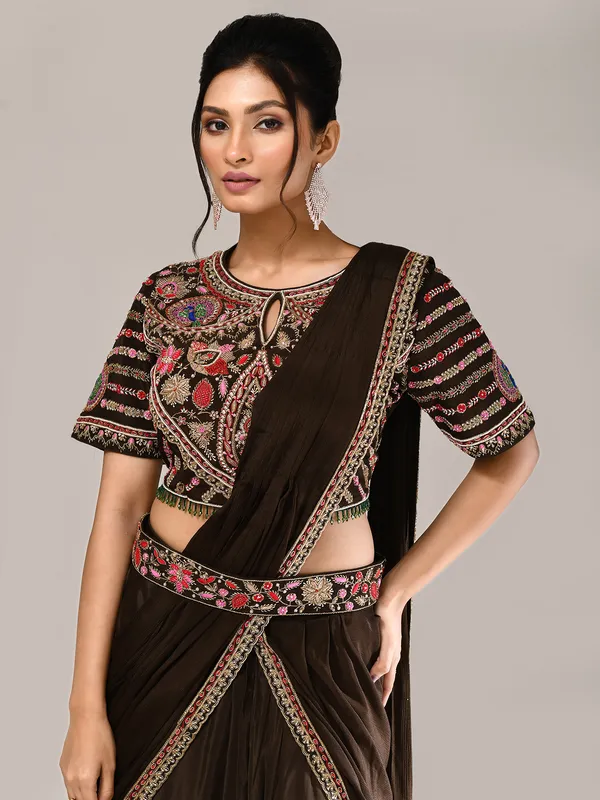 Dark brown silk lehenga choli with attached dupatta