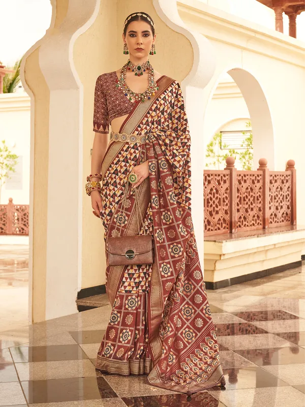 Dark brown silk printed saree