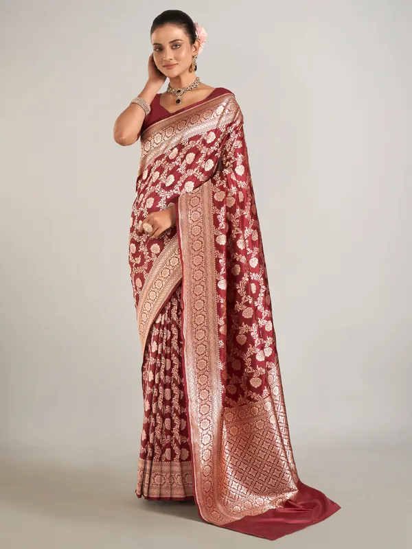 Dark brown zari weaving banarasi silk saree
