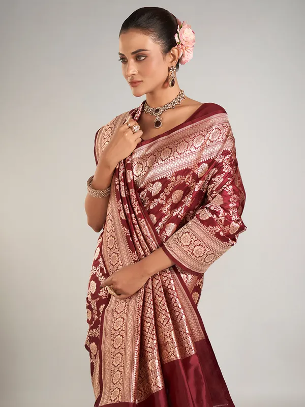 Dark brown zari weaving banarasi silk saree