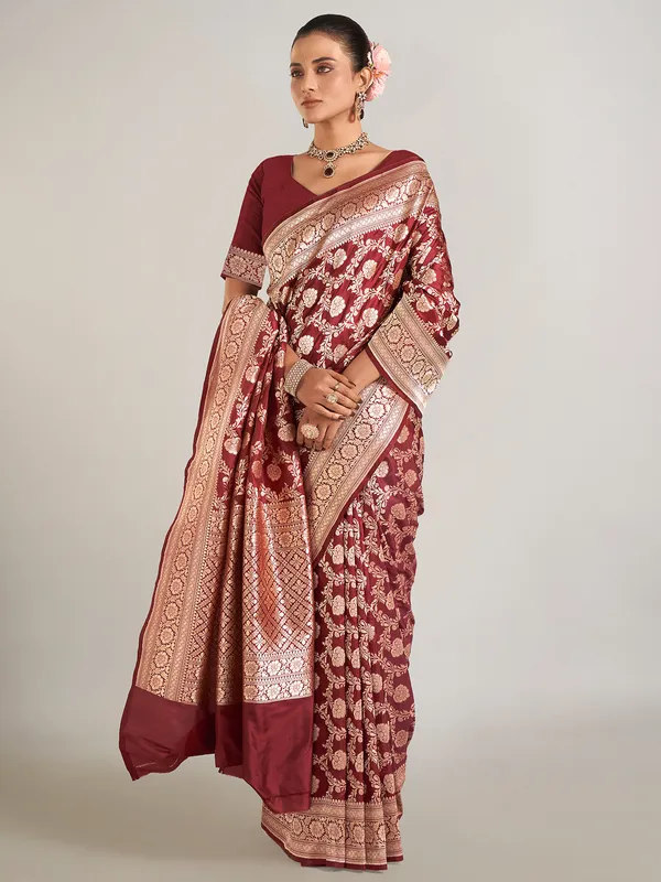 Dark brown zari weaving banarasi silk saree