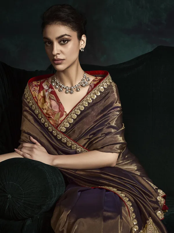 Dark coffee tissue silk wedding saree