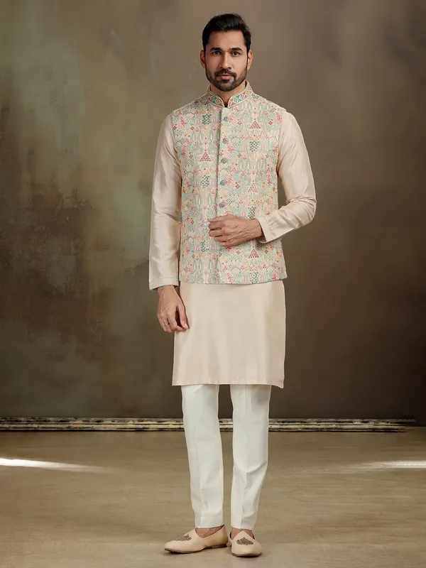 Dark cream raw silk waistcoat set for men