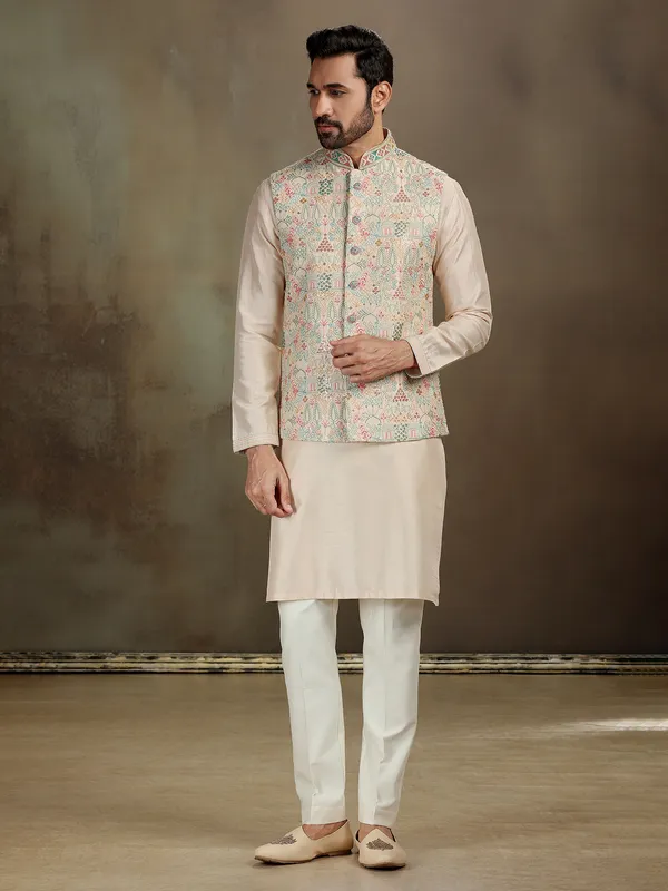 Dark cream raw silk waistcoat set for men
