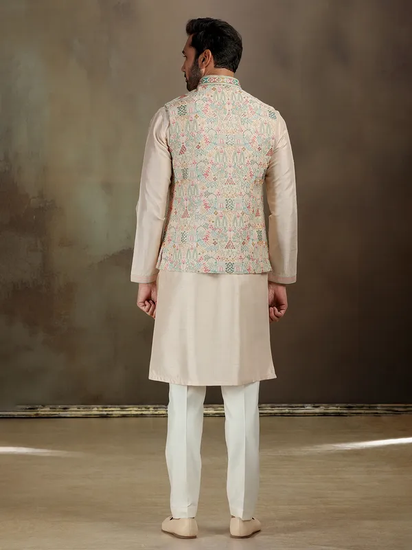 Dark cream raw silk waistcoat set for men