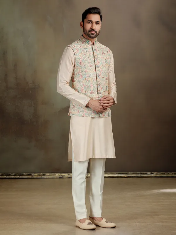 Dark cream raw silk waistcoat set for men