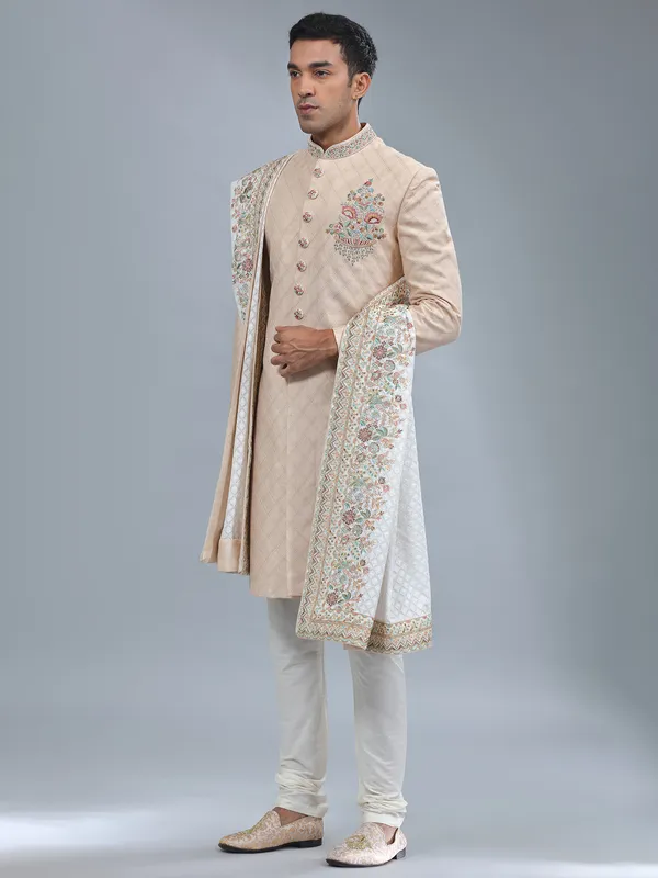 Dark cream silk sherwani for wedding