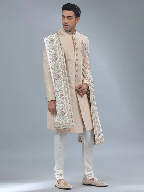 Dark cream silk sherwani for wedding