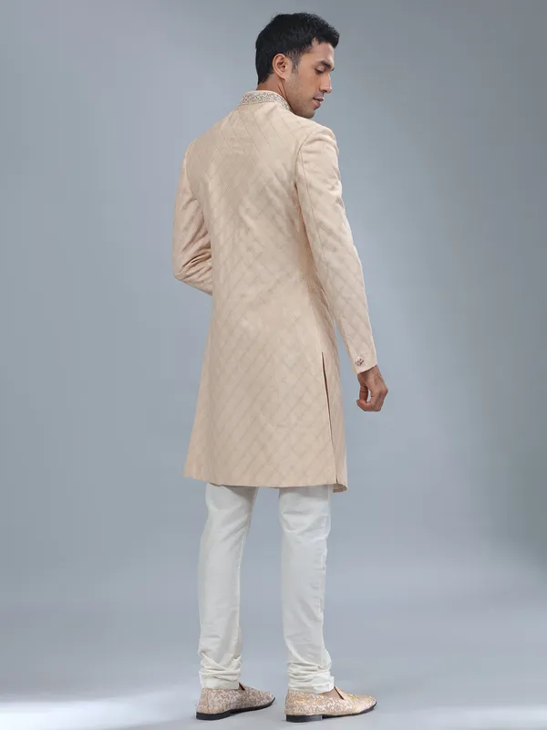 Dark cream silk sherwani for wedding