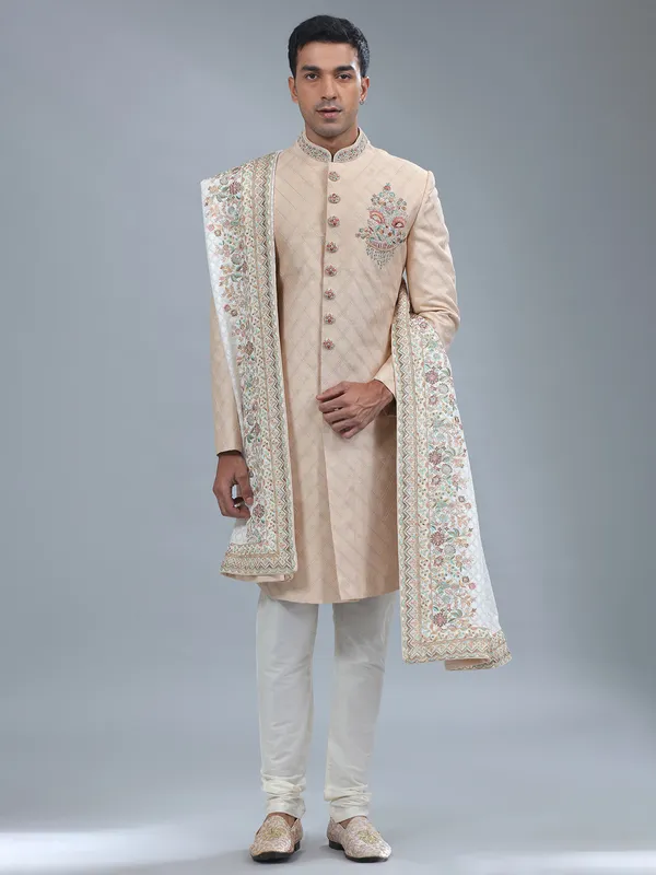 Dark cream silk sherwani for wedding