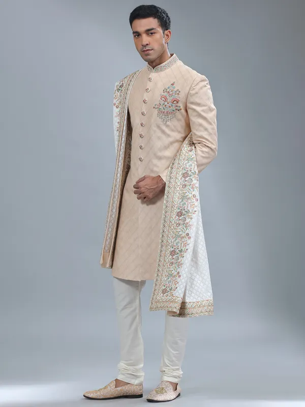 Dark cream silk sherwani for wedding