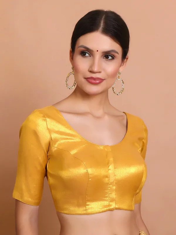 Dark gold tissue silk round neck ready made blouse