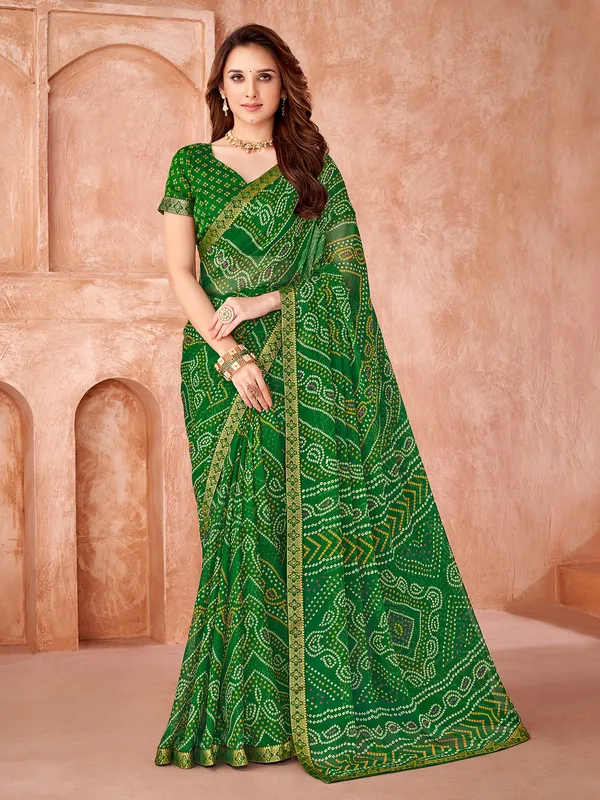 Dark green chiffon festive wear saree for women