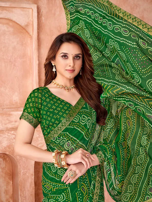 Dark green chiffon festive wear saree for women