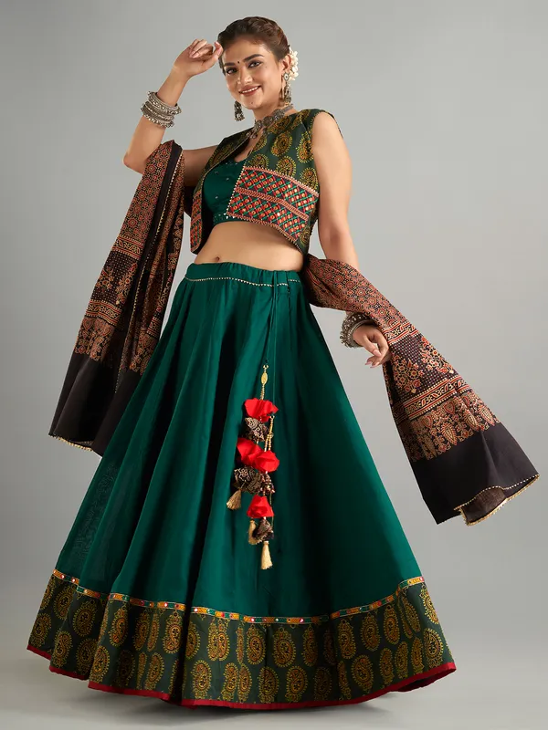 Dark green cotton jacket style chaniya choli