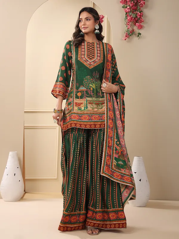 Dark green cotton printed sharara set