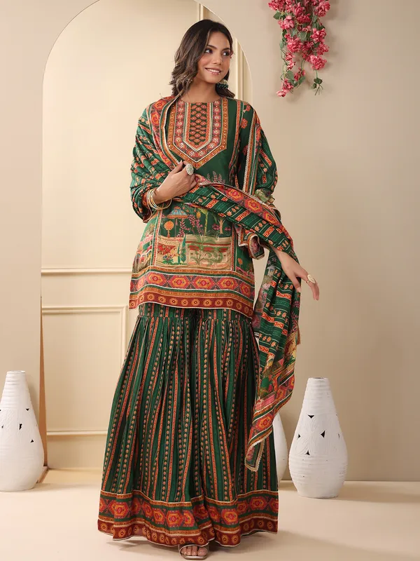 Dark green cotton printed sharara set
