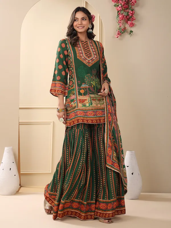 Dark green cotton printed sharara set