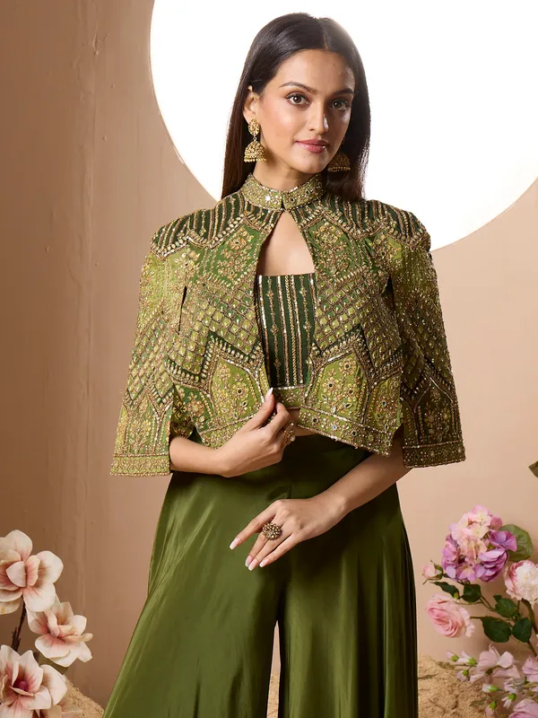 Dark green crop top style silk palazzo suit for women