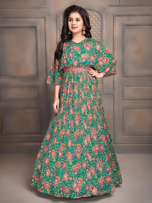 Dark green floral printed gown