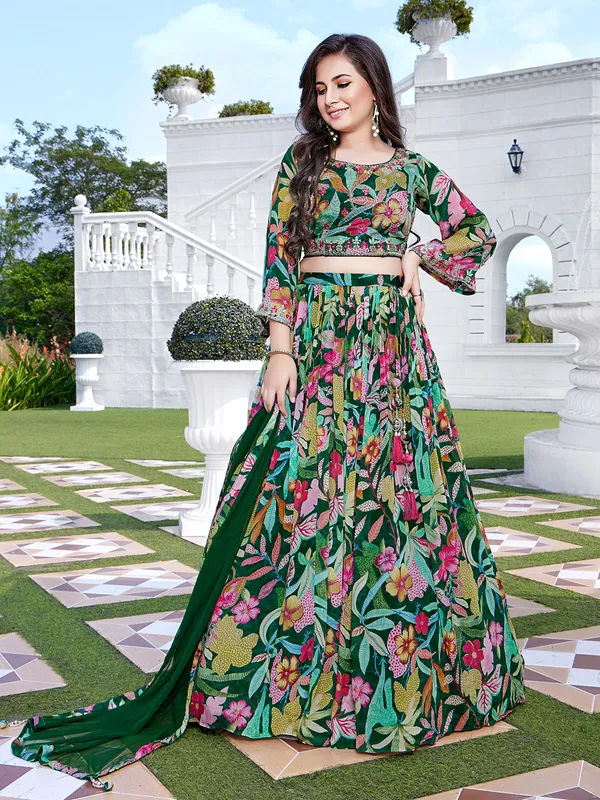 Dark green floral printed lehenga choli