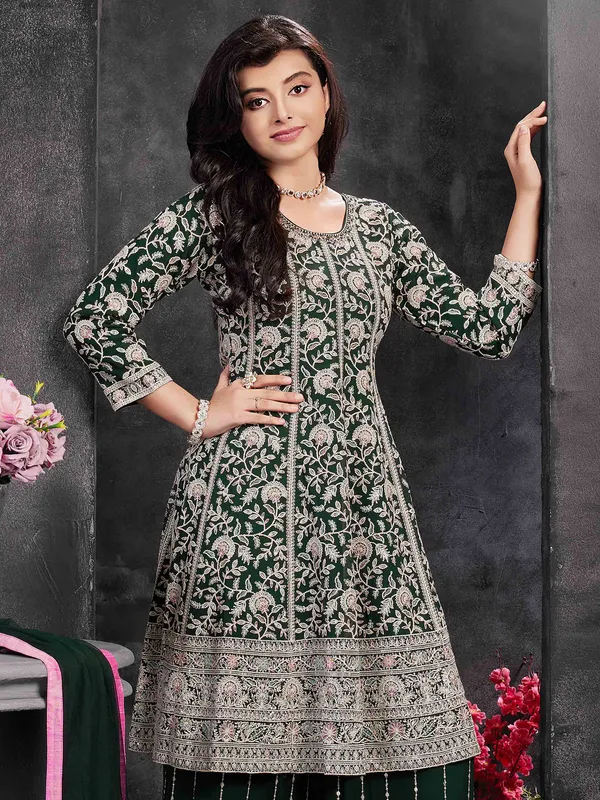 Dark green georgette embroidered palazzo suit for girls