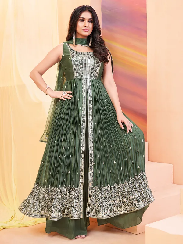 Dark green georgette front slit palazzo suit