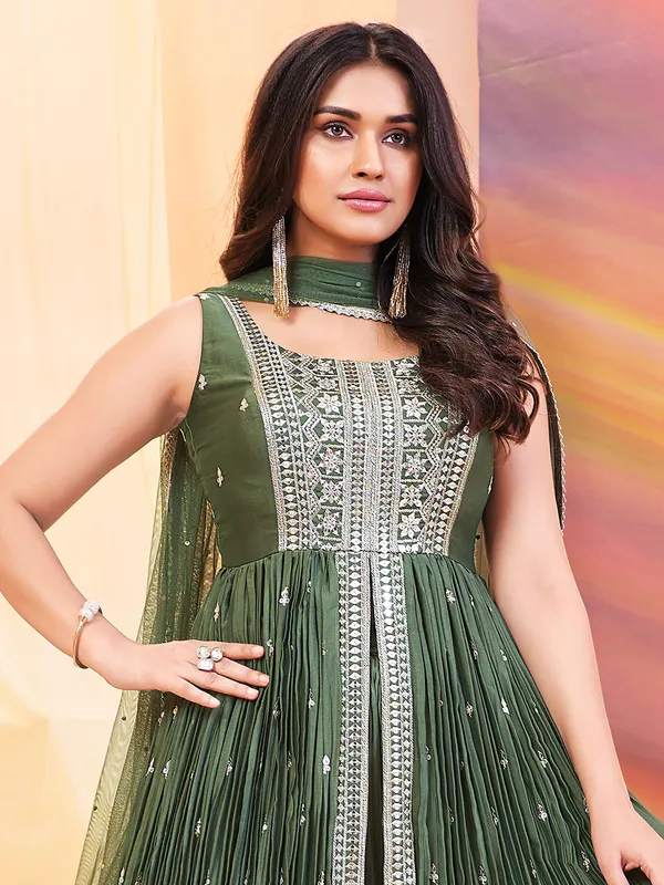 Dark green georgette front slit palazzo suit