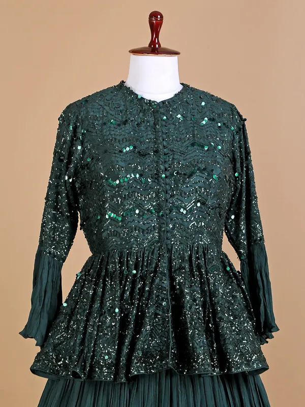 Dark green georgette indowestern style lehenga suit
