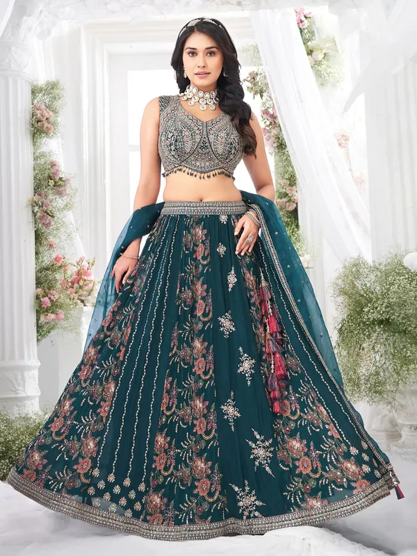 Dark green georgette lehenga choli for weddings