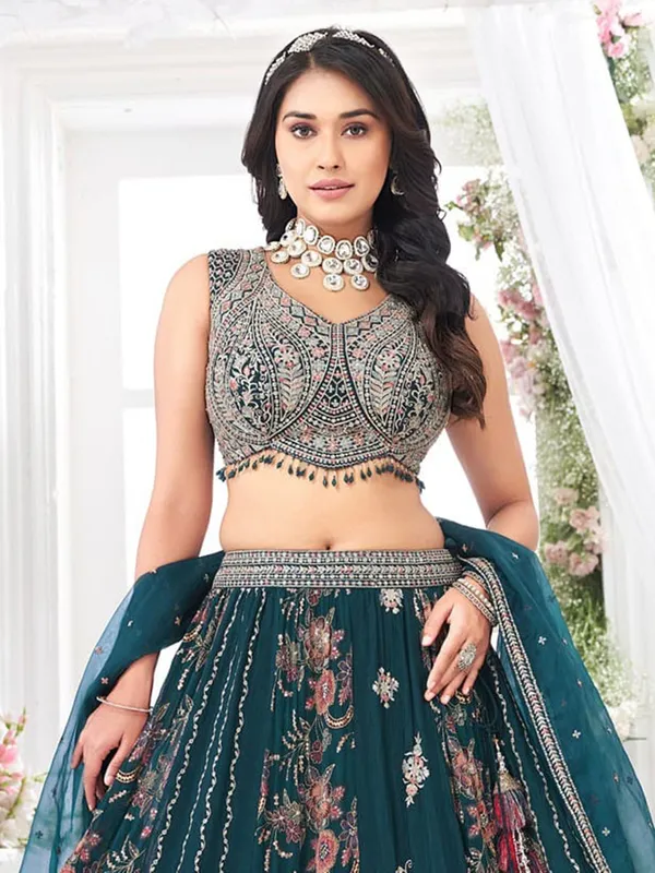 Dark green georgette lehenga choli for weddings