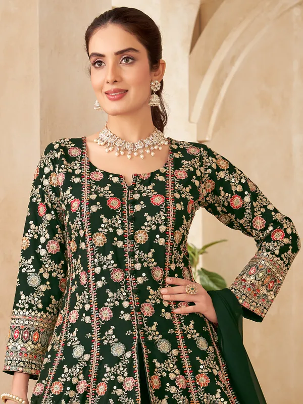 Dark green georgette palazzo suit with rich embellishment