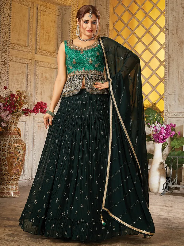 Dark green georgette printed lehenga choli with dupatta