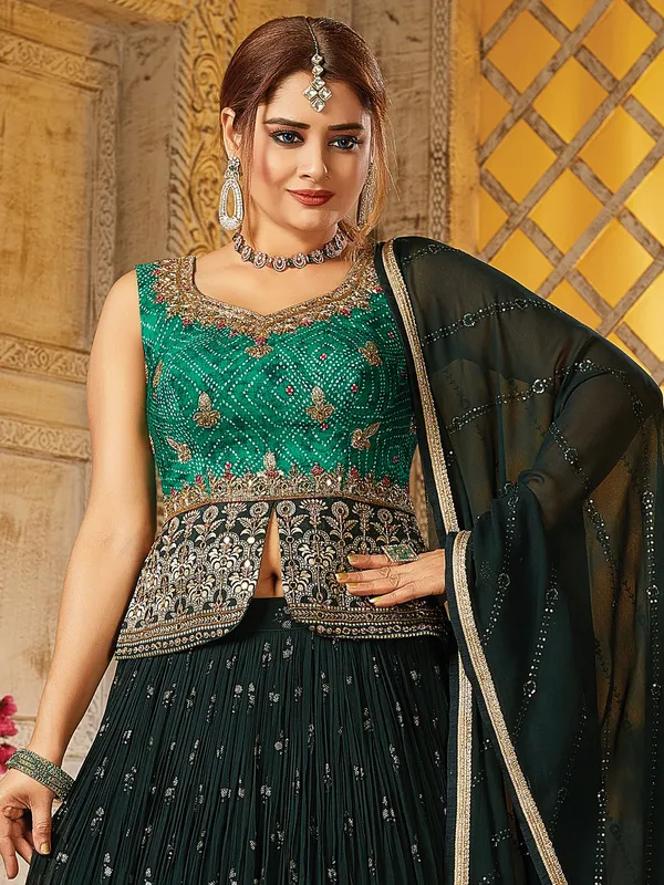 Dark green georgette printed lehenga choli with dupatta